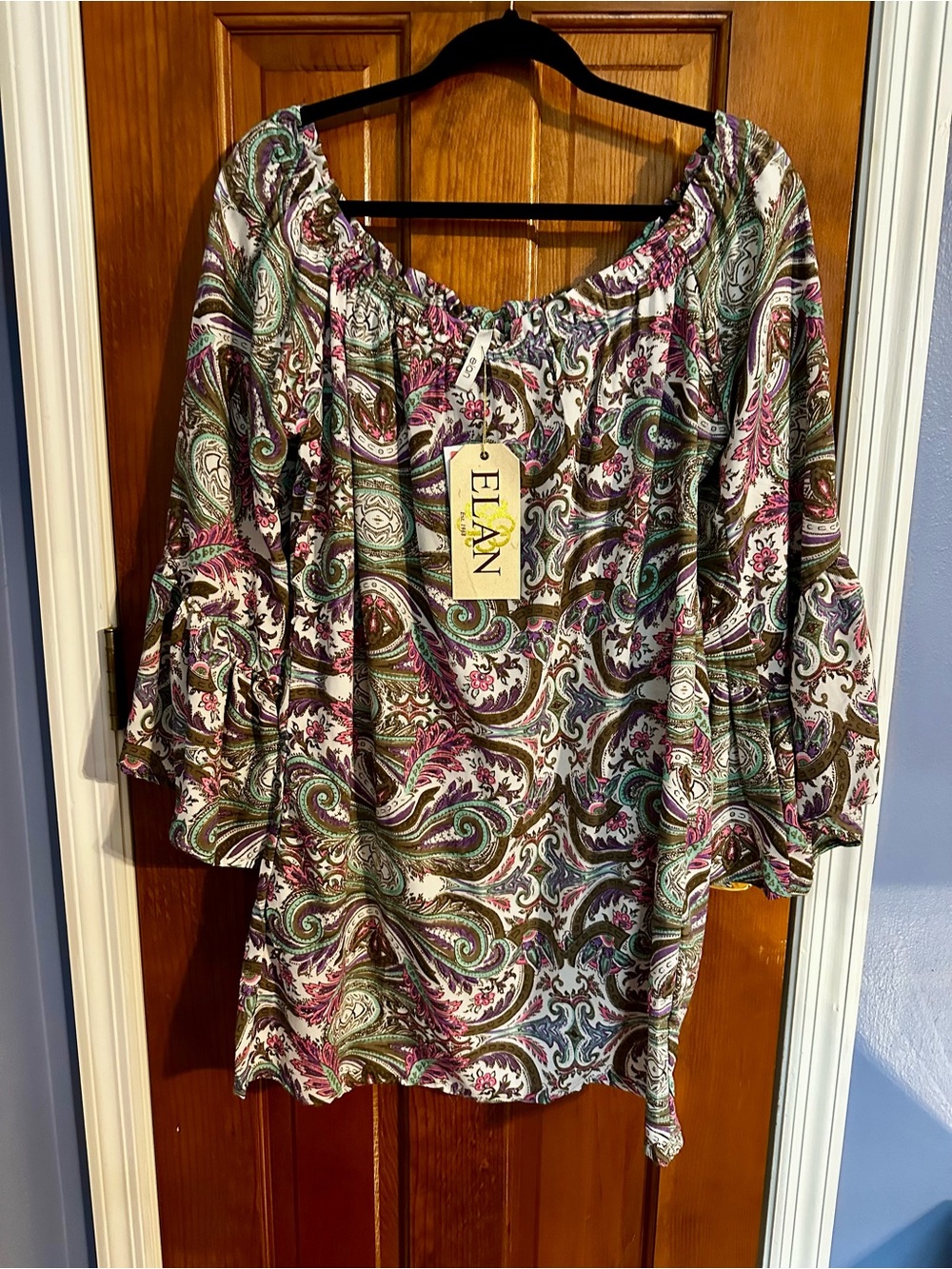 Elan Paisley Off-Shoulder Blouse in White, Pink & Green